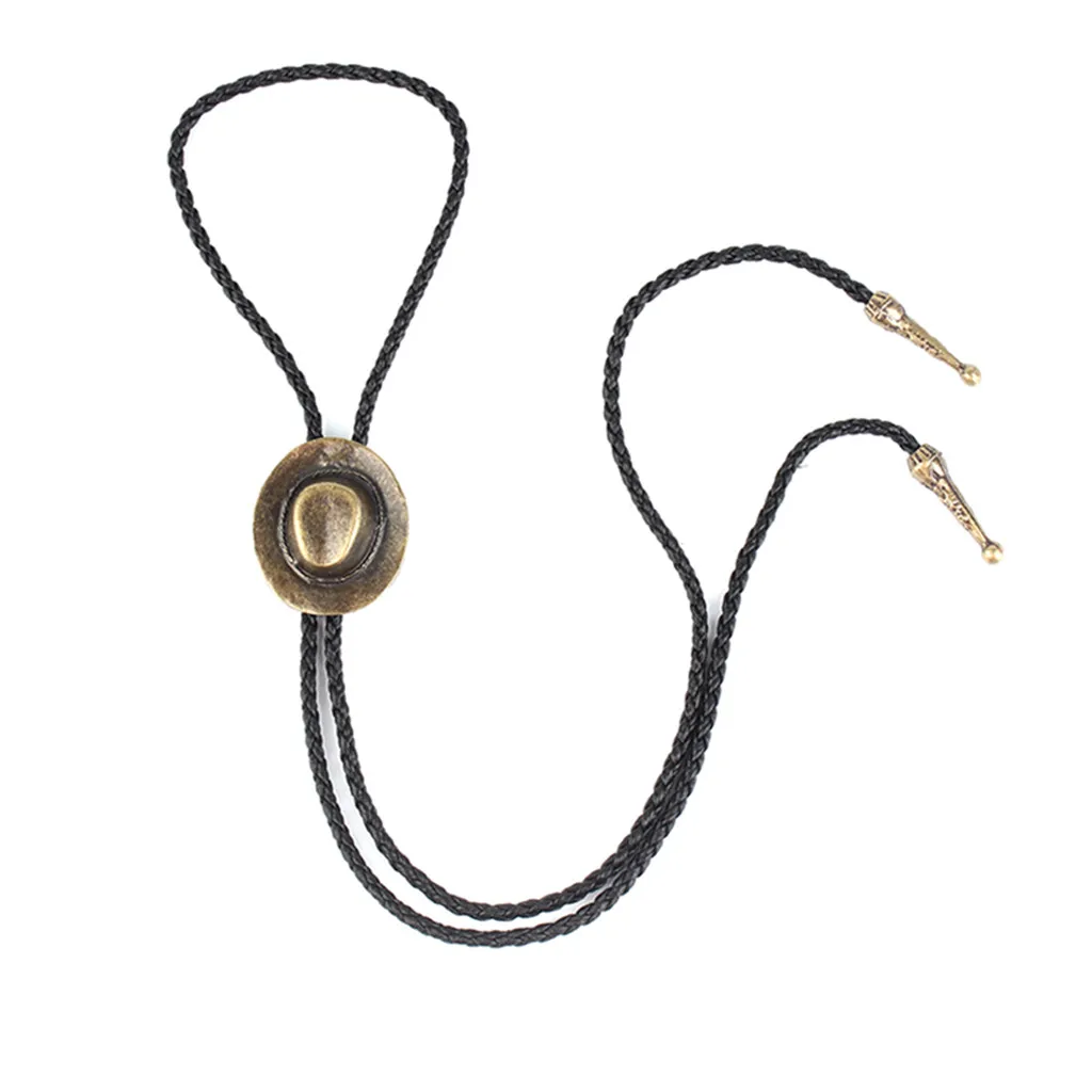 Bola Bolo Tie Necklace Mens PU Leather Black Gem Stone Western Cowboy Rodeo