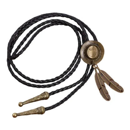 Cowboy Hat Bolo Tie with Feather Shape Charm