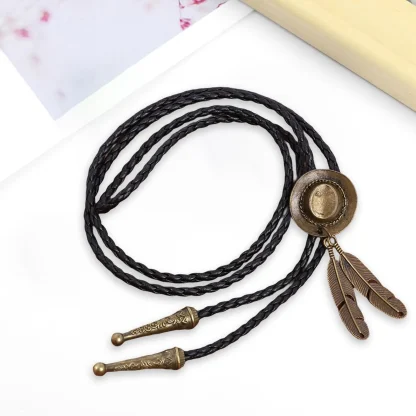 Cowboy Hat Bolo Tie with Feather Shape Charm - Image 2