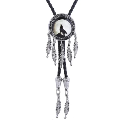Dream Catcher Bolo Tie with Wolf Silhouette