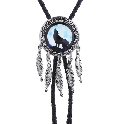 Dream Catcher Bolo Tie with Wolf Silhouette - Image 2