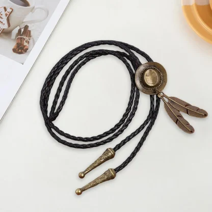 Cowboy Hat Bolo Tie with Feather Shape Charm - Image 3